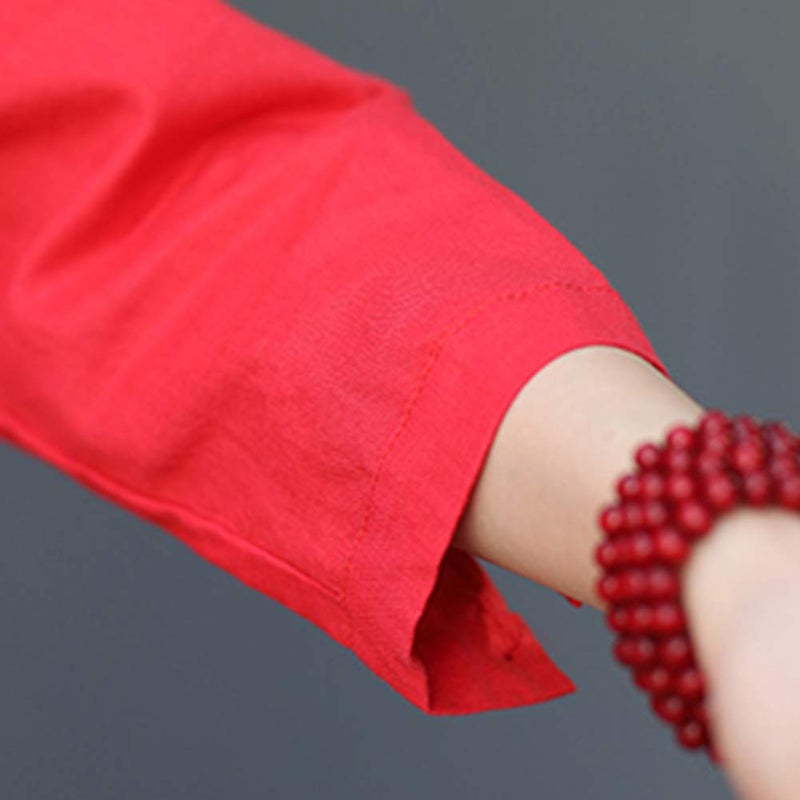 Minibee Women's Cotton Linen Shirt High Low Button Down Embroidered Blouse Long Sleeve Tunic Tops Red L - Image 3